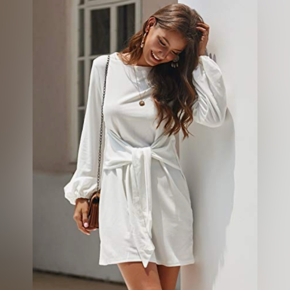 NEW White Long Sleeve Dress Knit Mini Short Bachelorette Tie Waist Bride XL
